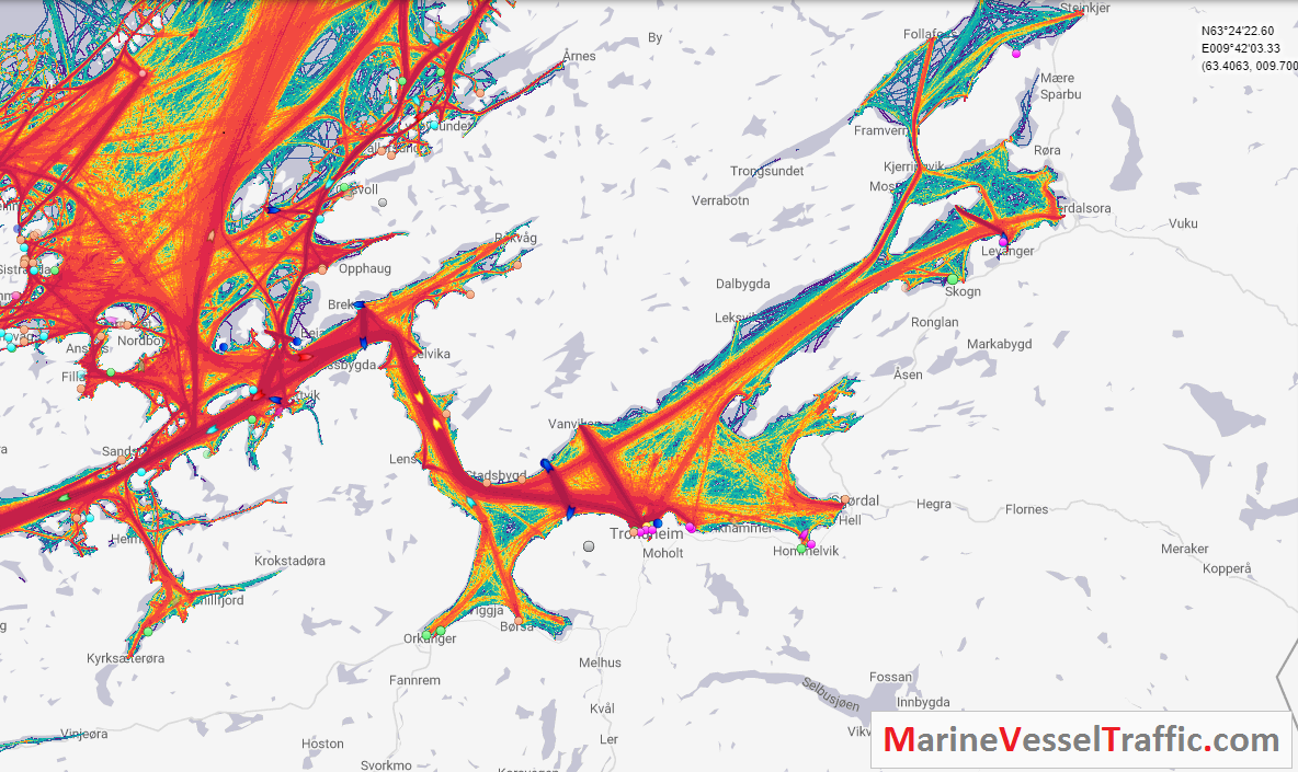 Live Marine Traffic, Density Map and Current Position of ships in TRONDHEIMSFJORDEN